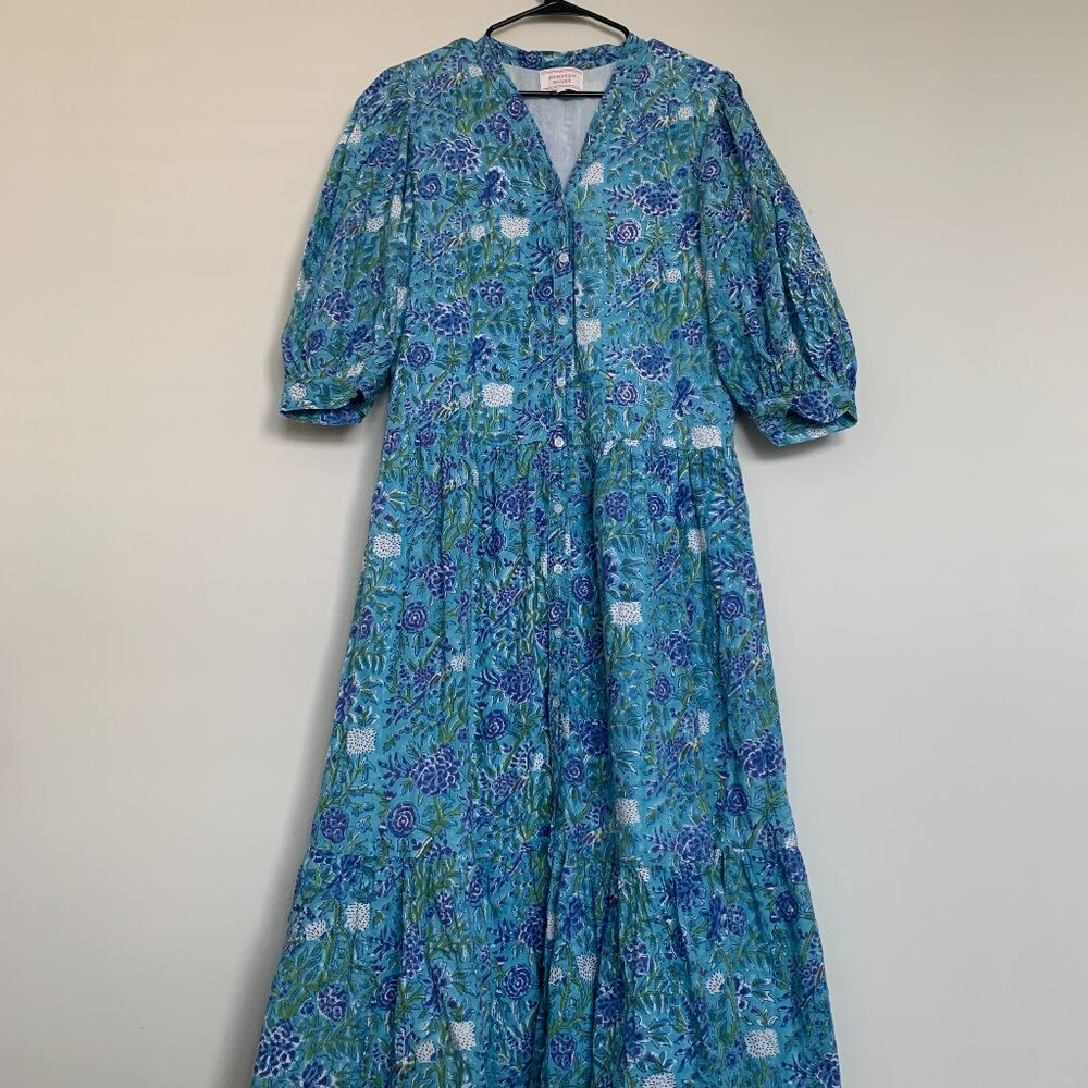 Hampton House Blue Floral Block Print Tiered Maxi Dress